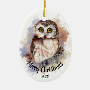 Custom Dated Niedlich Owl Bird Frohe Weihnachten Keramikornament