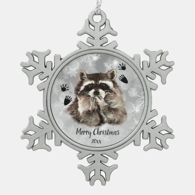 Custom Dated Raccoon Blowkisses, Liebe Tiere Schneeflocken Zinn-Ornament (Vorderseite)