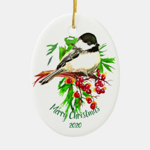 Custom Dating Christmas Chickadee Bird Red Berries Keramikornament