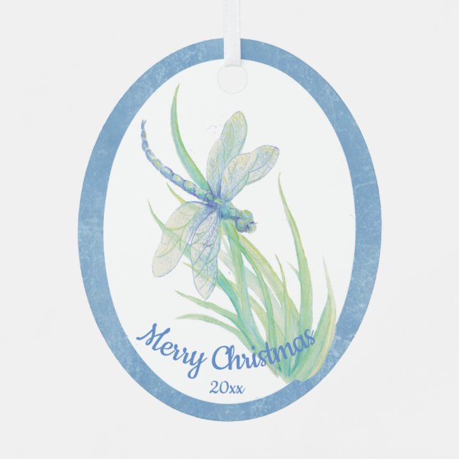 Custom Dating Christmas Dragonfly Wasserfarben Kun Ornament Aus Metall (Rückseite)
