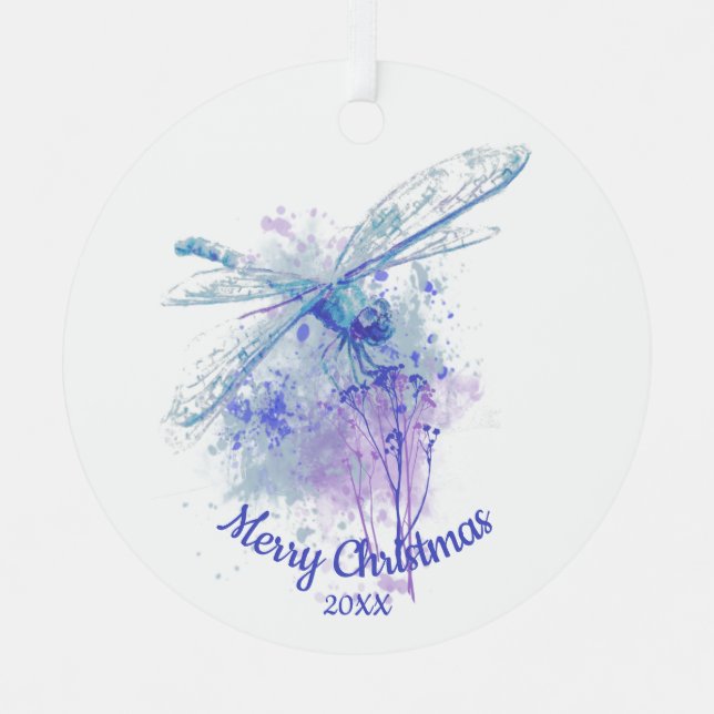 Custom Dating Christmas Dragonfly Wasserfarben Kun Ornament Aus Metall (Vorderseite)