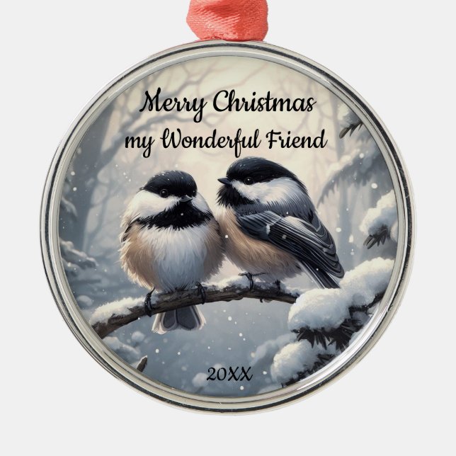 Custom Dating Christmas Friend Chickadee Birds Ornament Aus Metall (Vorne)