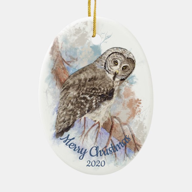 Custom Dating Christmas Great Gray Owl Bird Keramik Ornament (Hinten)