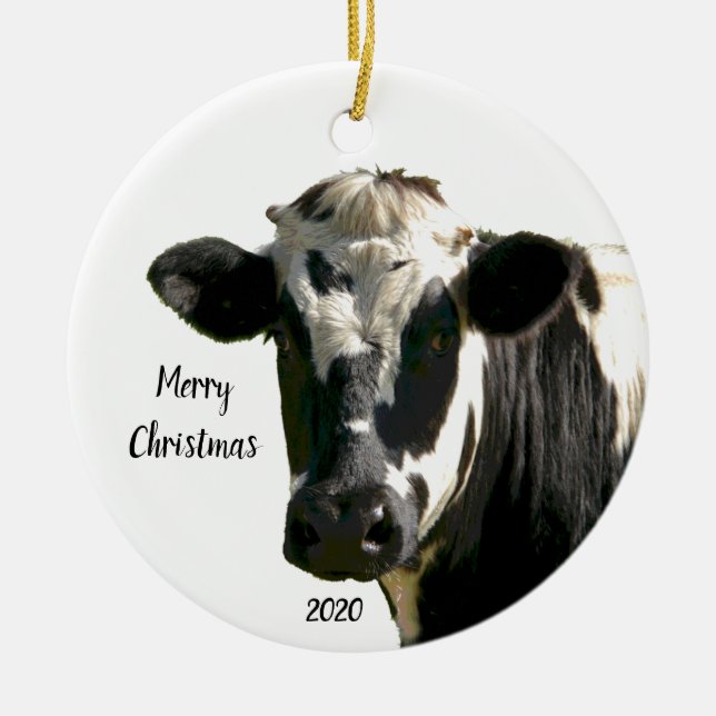 Custom Dating Christmas Holstein Kuh Farm Keramik Ornament (Vorne)