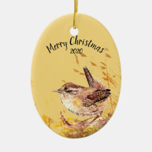 Custom Dating Christmas House Wren Bird Wassercolo Keramikornament