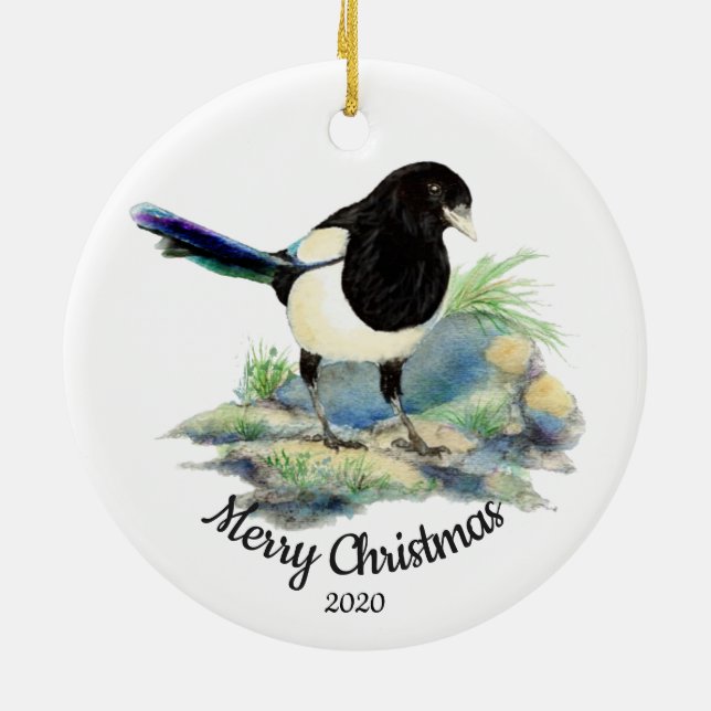 Custom Dating Christmas Magpie Garden Bird Keramikornament (Hinten)
