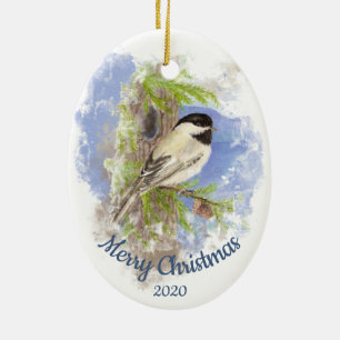 Custom Dating Christmas Mountain Chickadee Bird Keramik Ornament