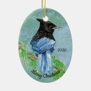 Custom Dating Christmas Stellar Jay Bird Art Keramikornament