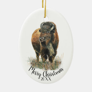 Custom Dating Christmas Wassercolor Bison Buffalo  Keramik Ornament