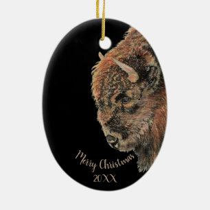 Custom Dating Christmas Wassercolor Bison Buffalo  Keramik Ornament