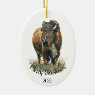 Custom Dating Christmas Watercolor Bison Buffalo Keramik Ornament