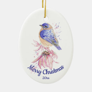 Custom Dating Christmas Watercolor Bluebird Bird Keramik Ornament