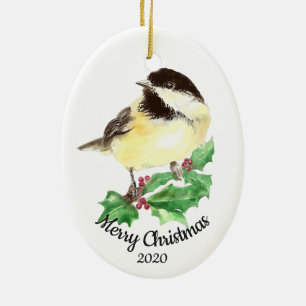 Custom Dating Christmas Watercolor Chickadee Bird Keramikornament