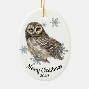 Custom Dating Christmas Watercolor Owl Bird Snow Keramikornament