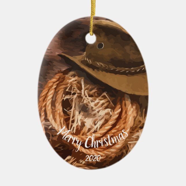 Custom Dating Christmas Western Cowboy Hat Lariat Keramik Ornament (Vorne)