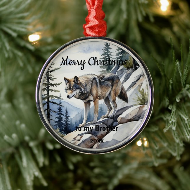 Custom Dating Christmas Wolf Animal Brother Ornament Aus Metall (Baum)