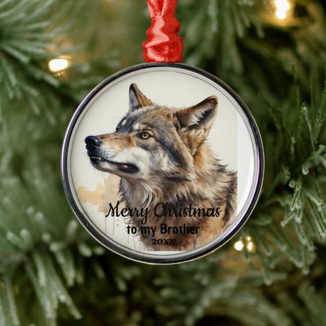Custom Dating Christmas Wolf Animal Brother Ornament Aus Metall (Baum)