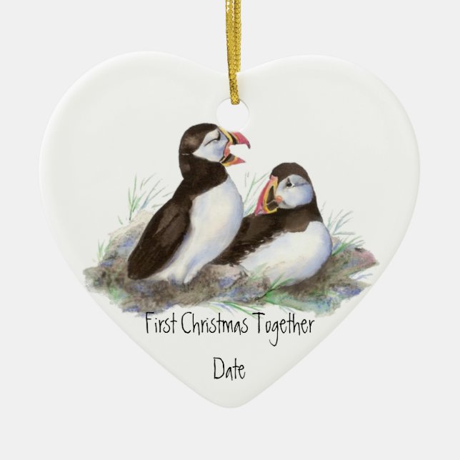 Custom Dating First Christmas Together Puffins Bir Keramik Ornament (Vorne)