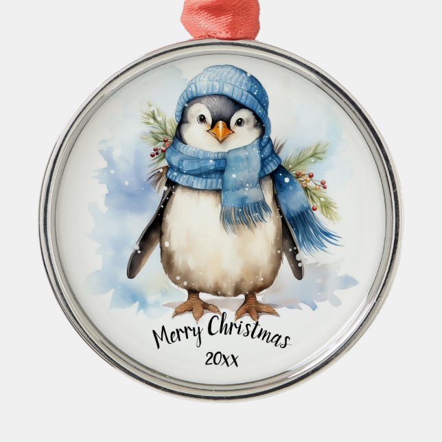 Custom Dating Niedlich Winter Pinguin Bird Weihnac Ornament Aus Metall (Vorne)