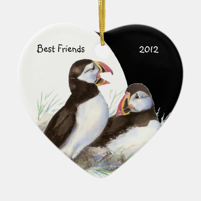 Custom Dating Watercolor Puffins Beste Freunde Vög Keramikornament (Vorne)