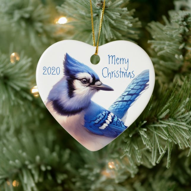 Custom Ded Blue Jay Bird Wasserfarbe Kunst Keramik Ornament (Baum)