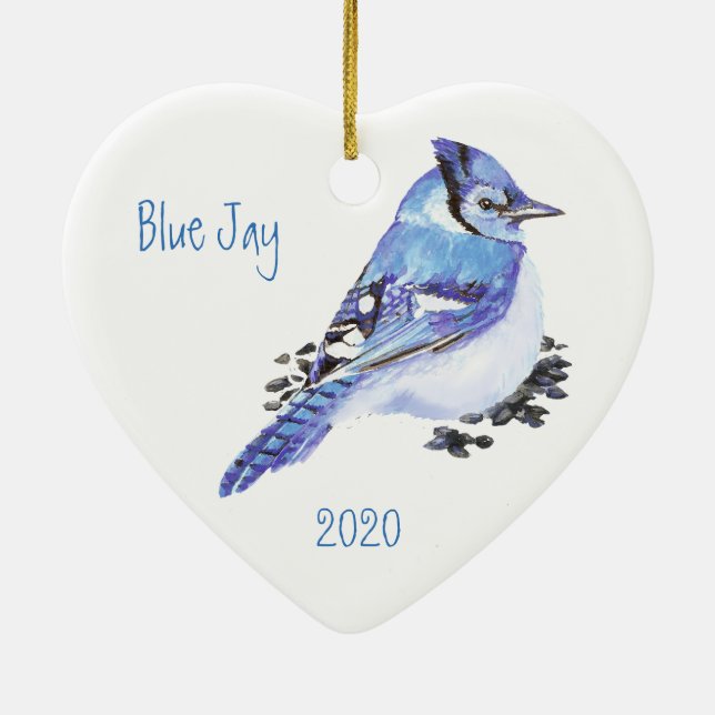 Custom Ded Blue Jay Bird Wasserfarbe Kunst Keramikornament (Hinten)