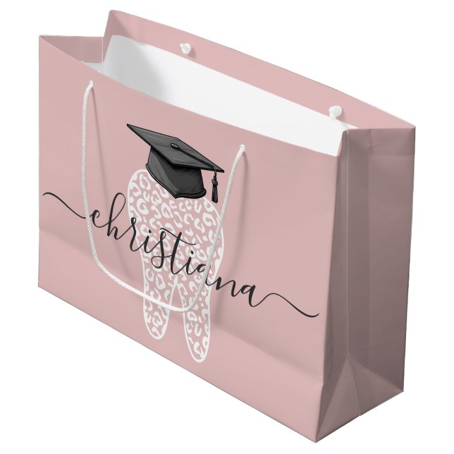 Custom Dental Abschluss Leopard Print Tooth Grad Große Geschenktüte (Vorderseite Schrägansicht)