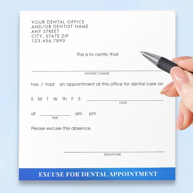 Custom Dental Appointment Excuse Blue Notizblock (Von Creator hochgeladen)