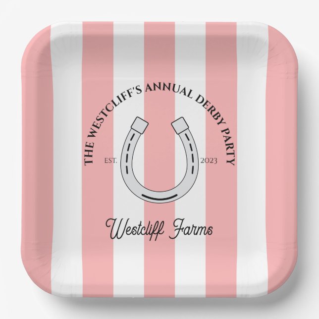 Custom Derby Party Pink Cabana Stripes Horseshoe Pappteller (Vorderseite)