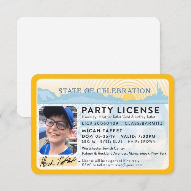 CUSTOM DESIGN Bar Mitzvah New York Party License Einladung (Vorne/Hinten)