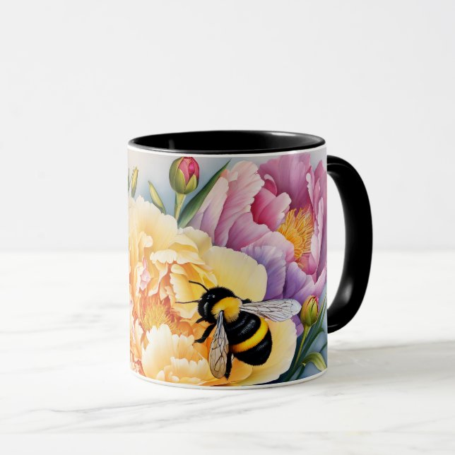 Custom Design Coffee Tasse Peonies und die Biene (VorderseiteRechts)
