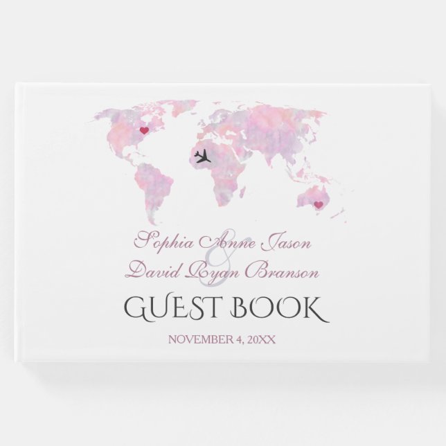 Custom Destination Watercolor Weltkarte Hochzeit Gästebuch (Vorderseite)