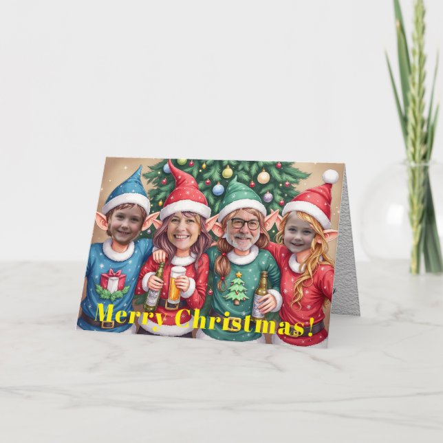 Custom Digital Add Your Face 4 Photo Elves Xmas Karte (Vorderseite)