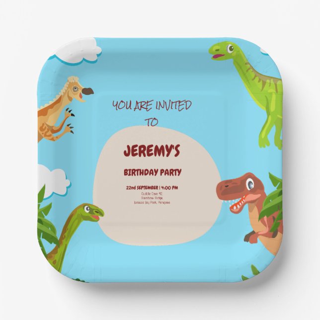 Custom Dinosaur Foto Geburtstagseinladung Pappteller (Vorderseite)