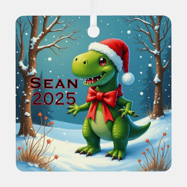 Custom Dinosaur Red Bow Ornament Aus Metall (Vorderseite)