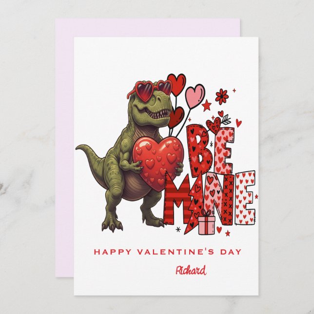 Custom Dinosaur Valentine Card – T‑Rex Be Mine Einladung (Vorne/Hinten)