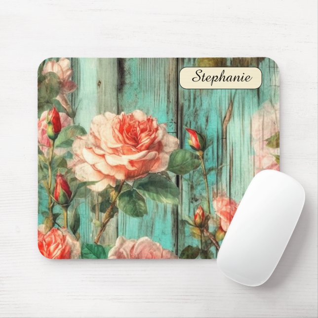 Custom Distressed Turquoise Rose Mousepad (Mit Mouse)