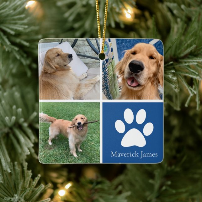 Custom Dog Foto Collage Niedlich Blue Pet Weihnach Keramikornament (Baum)