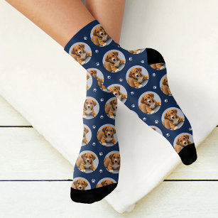 Custom Dog Foto Navy Blue Paw Print Socken