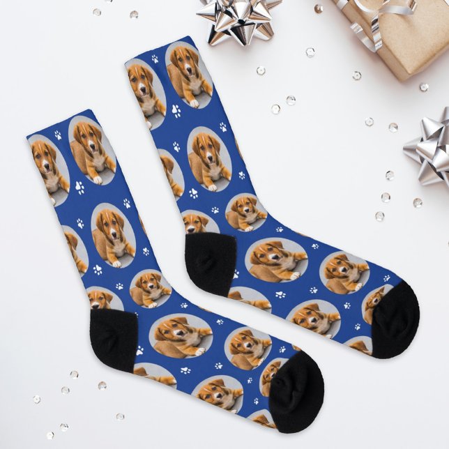 Custom Dog Foto Royal Blue Paw Print Socken (Von Creator hochgeladen)