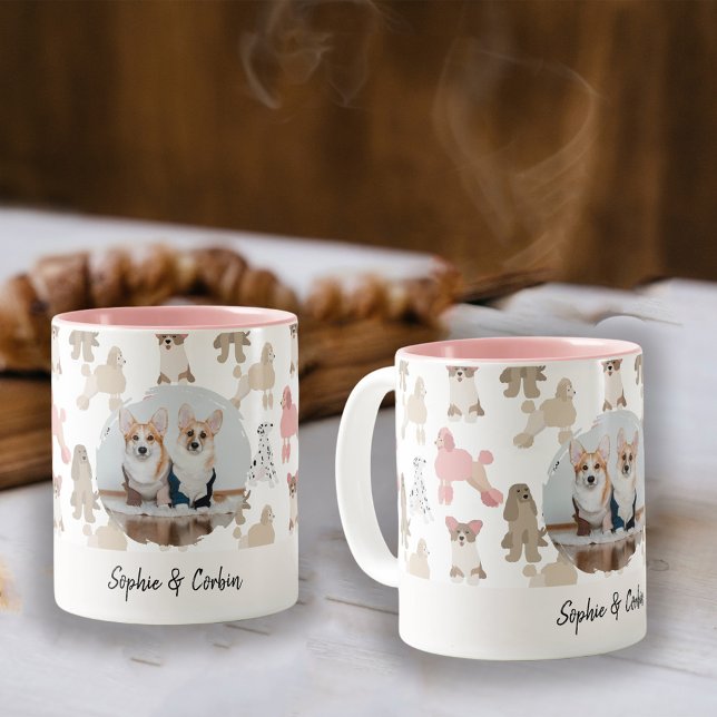 Custom Dog Lover Photo Name | Pet Pattern Coffee Zweifarbige Tasse (Von Creator hochgeladen)