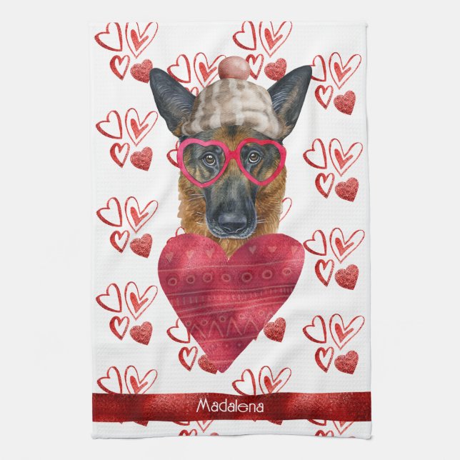 Custom Dog Lover Valentine Geschenk Deutscher Schä Geschirrtuch (Vertikal)