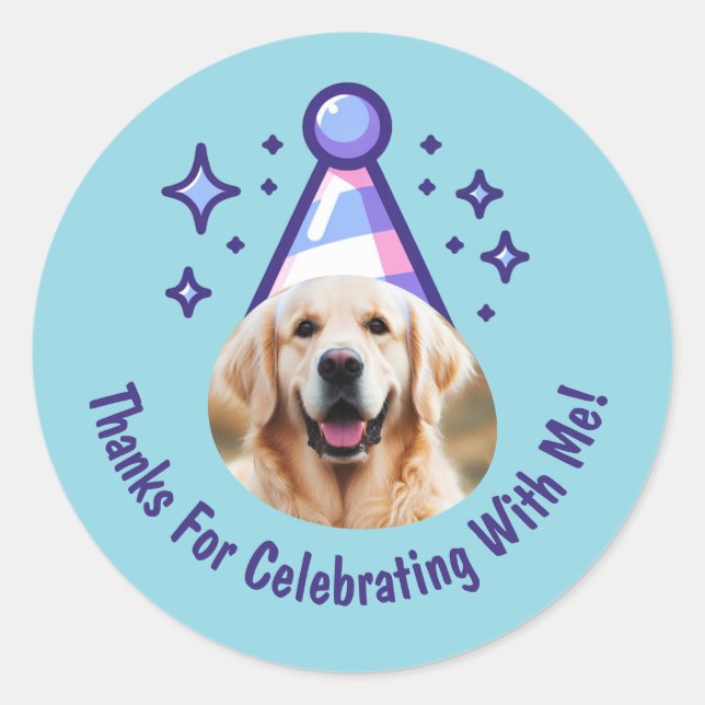 Custom Dog Photo Birthday Thanks Party Hat Favors Runder Aufkleber (Vorderseite)