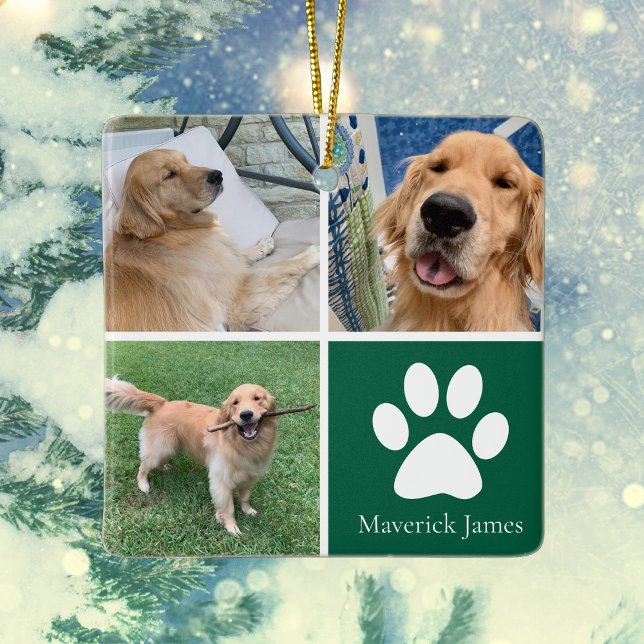 Custom Dog Photo Collage Cute Green Pet Christmas Keramikornament (Von Creator hochgeladen)
