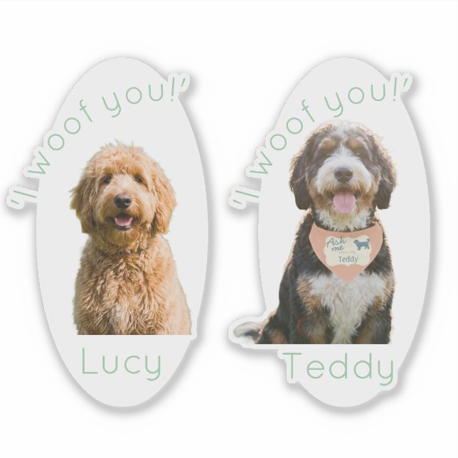 Custom Dog Photo Name I Woof You Heartfelt Gift Aufkleber (Vorderseite)