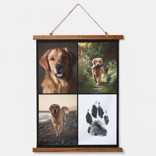 Custom Dog Photos Collage Paw Print Personalized Wandteppich Mit Holzrahmen (Vorderseite)