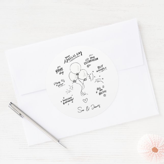 Custom Doodle Modern Balloon Happy Birthday Runder Aufkleber (Umschlag)