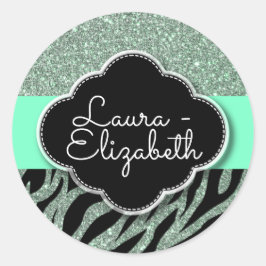 Custom Double Name Tag Girl Glitzer Aquamarin Zebr Runder Aufkleber