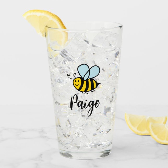 Custom drink glass with cute animated bee logo glas (Vorderseite Ice)