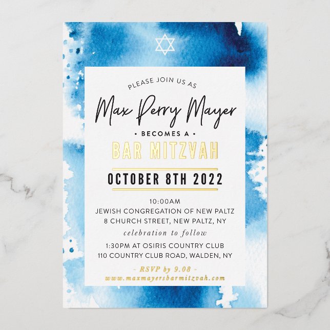 CUSTOM DRUCKORREKT 7 x 5 Zoll Max's Bar Mitzvah Fo Folieneinladung (Vorderseite)